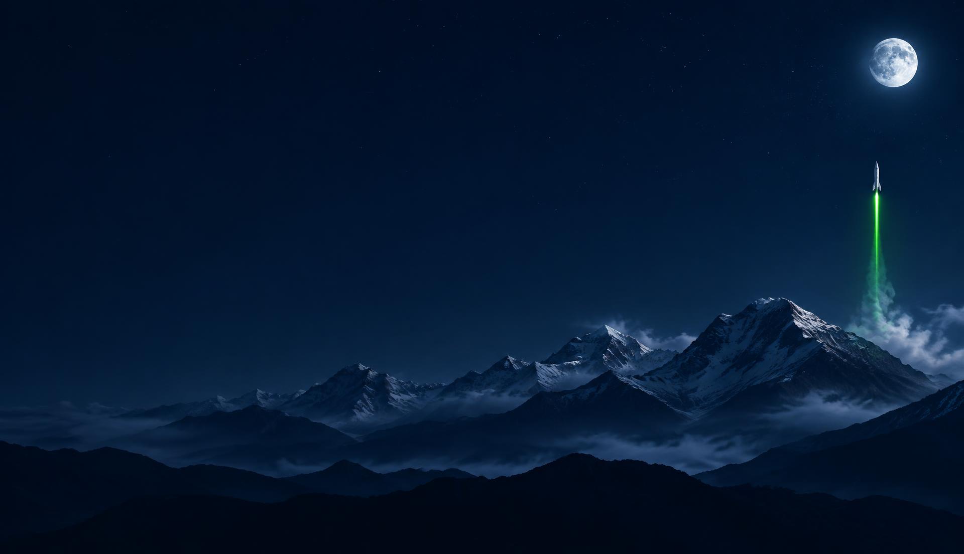 Montañas bajo las estrellas con un cohete despegando